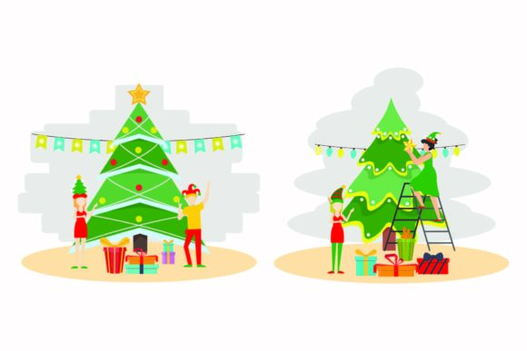 Christmas Gift Tree Illustration Set for Website and Editorial Use