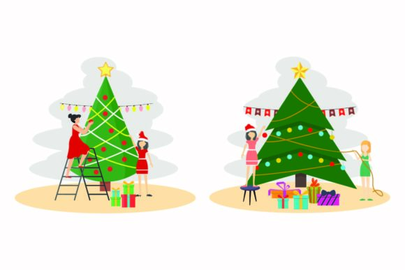 Christmas Party Winter Decor Tree Set Illustrations